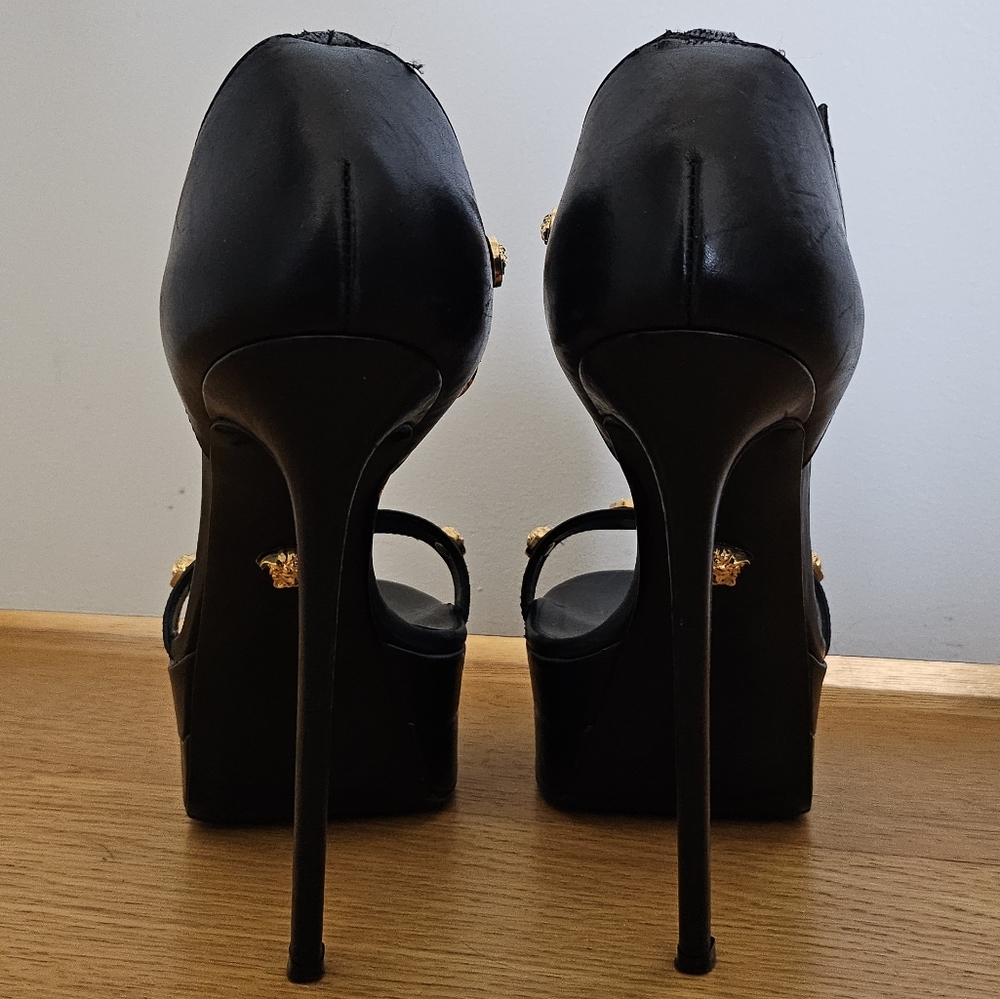 Versace Icon Black Platform Stiletto Ankle Strap Heels Gold Medallion Studs - Picture 12 of 15